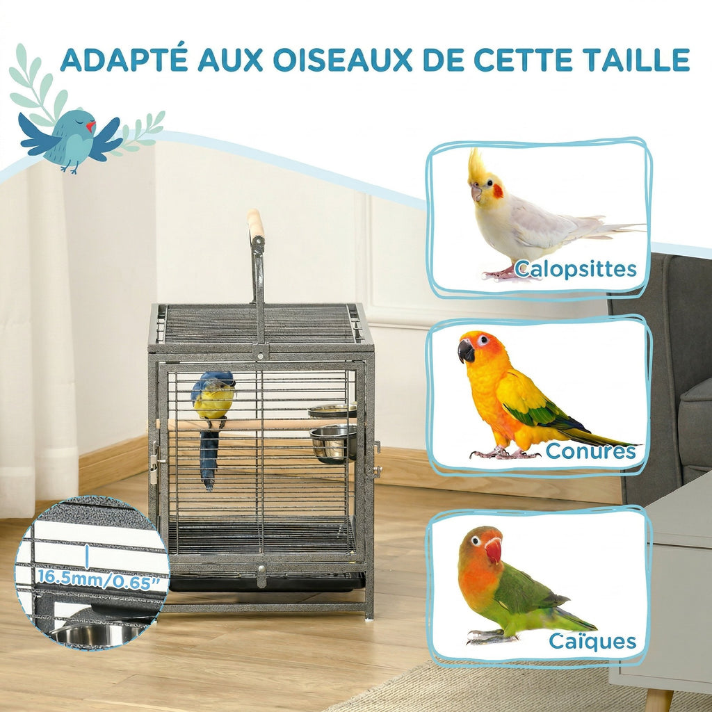 Cage de transport en acier pour perroquets, cage à oiseaux avec 2 bols en acier inoxydable, 2 perchoirs, plateau, noir-6