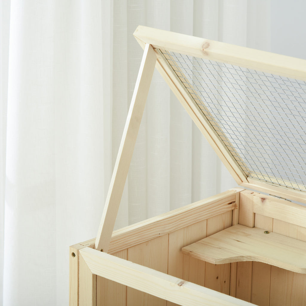 Cage Hamster en Bois à 3 Niveaux avec Plateformes, Échelles, Étagère, Fenêtre, Toit Ouvrable, 60x40x80cm, Naturel-8