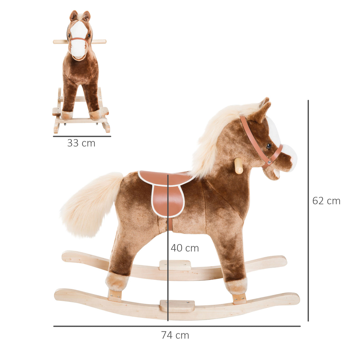 Cheval à Bascule Cheval de Cowboy Selle Grand Confort pour Enfants de 36+Mois Peluche Courte Douce Bois peuplier Charge 40 Kg Brun Blanc-2