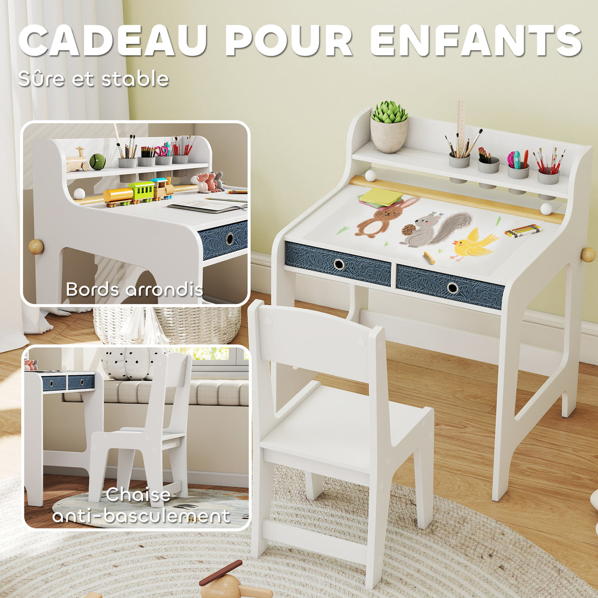 Bureau enfant avec chaise, table enfant et chaise avec 2 tiroirs en tissu et porte-gobelet, 62,8x55,6x73,8cm, blanc-6