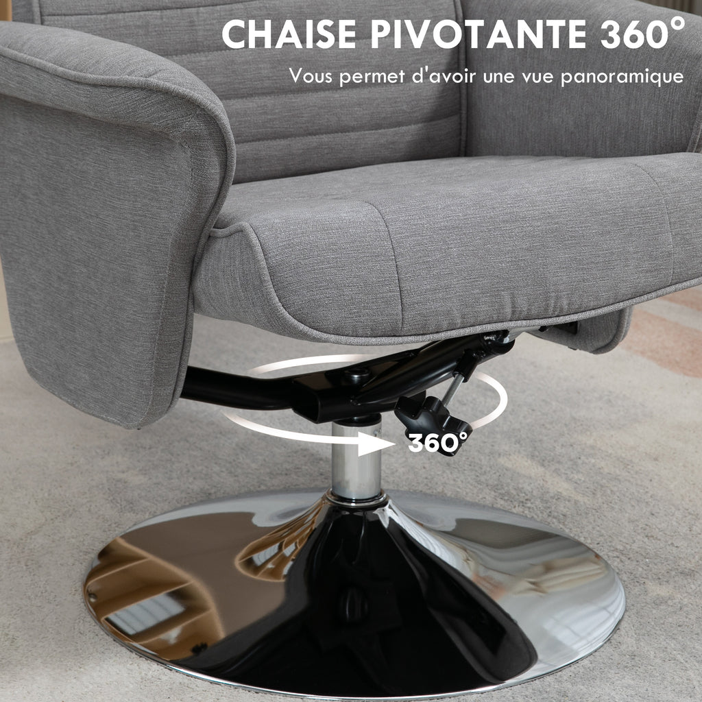 Fauteuil relax inclinable 135° pivotant 360° avec repose-pieds revêtement tissu gris-4