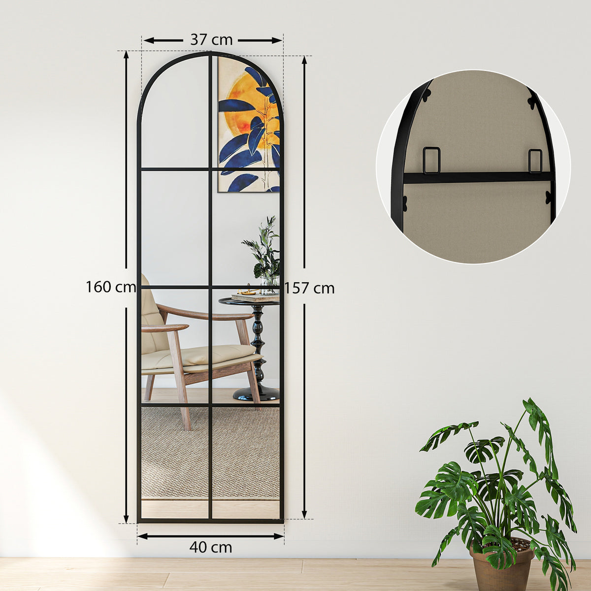 Grand miroir mural ou sur pied 40 x 160 cm de fenêtre arquée avec cadre en métal, film antidéflagrant, noir-2