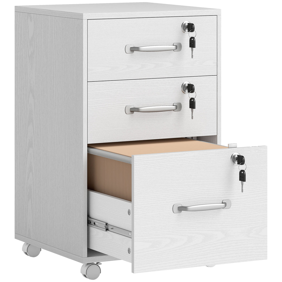 Caisson de Bureau Mobile avec 3 Tiroirs Verrouillables, Caisson de Rangement sur Roulettes, 40 x 40 x 69,5 cm, Blanc-0