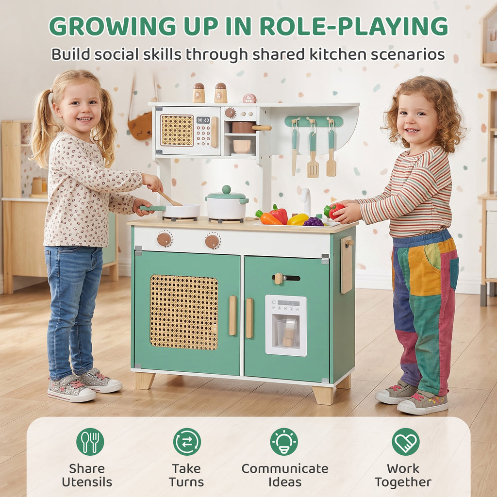 Cuisine Enfant en Bois 19 Accessoires, Cafetière, Machine à Glaçons, Micro-Ondes, Placard, 3-6 Ans, 61x27x79,7cm, Vert-7