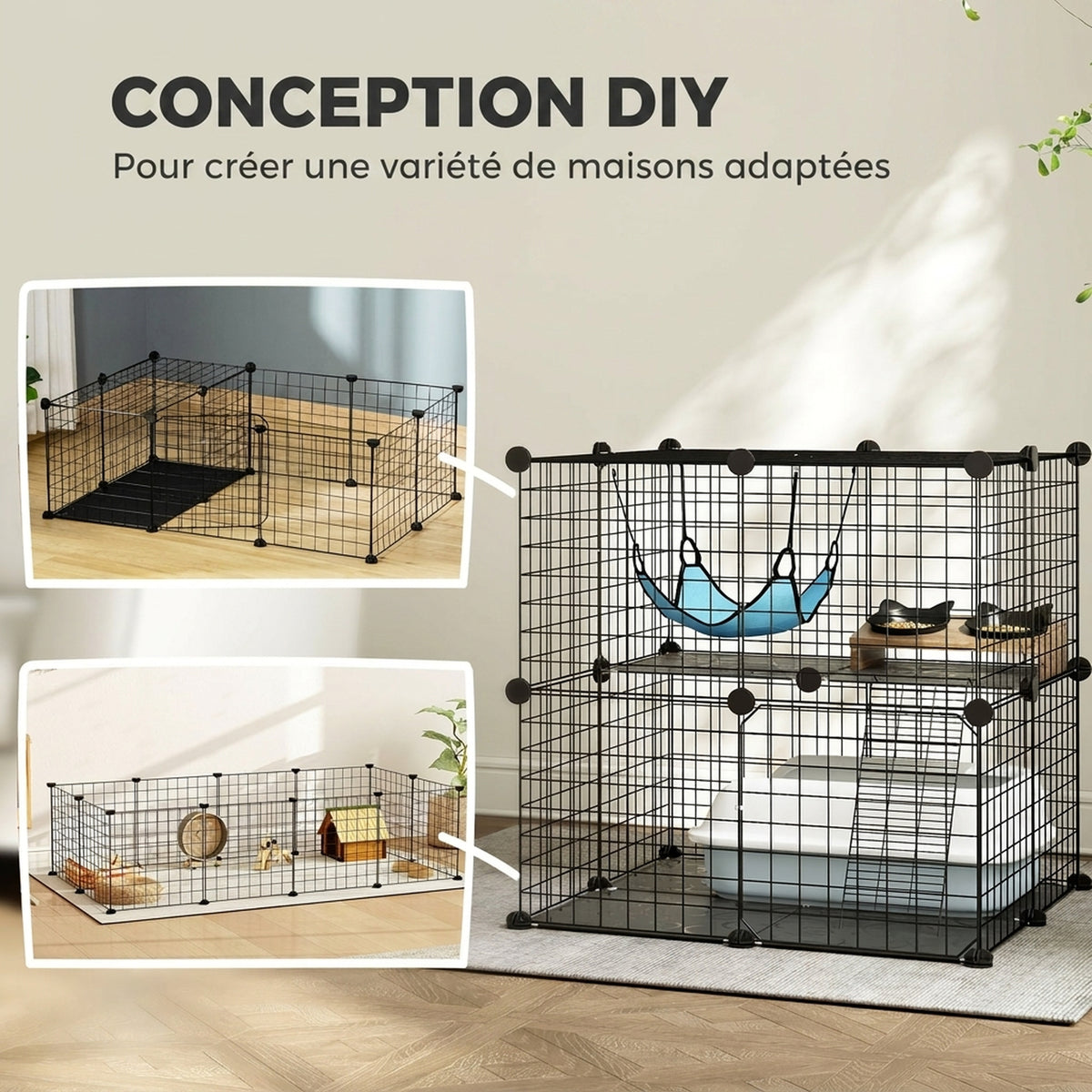 Cage Chat Intérieur Enclos Chat Modulable 2 Portes Hamac Échelle pour Petits Animaux de Compagnie 70x70x70cm Noir-3