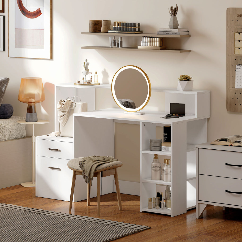 Bureau informatique, bureau avec rangement, 2 tiroirs, étagères ouvertes et tablette d'imprimante, 137x55x92cm, blanc-6