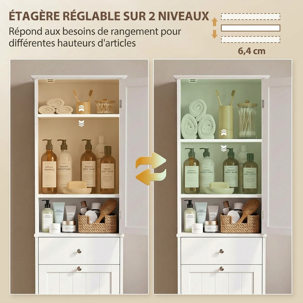 Meuble de Salle de Bain avec Tiroir, Panier à Linge, Étagère Réglable, Style Moderne, 45 x 30 x 180 cm, Blanc-5