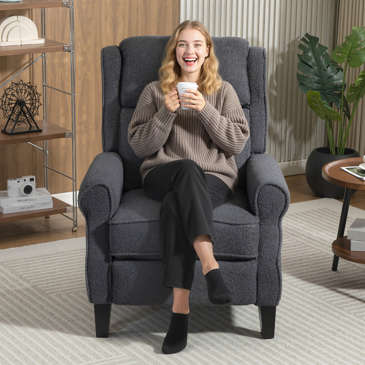 Fauteuil relax inclinable en polaire Teddy, fauteuil de relaxation avec repose-pieds extensible, assise rembourrée, gris-8