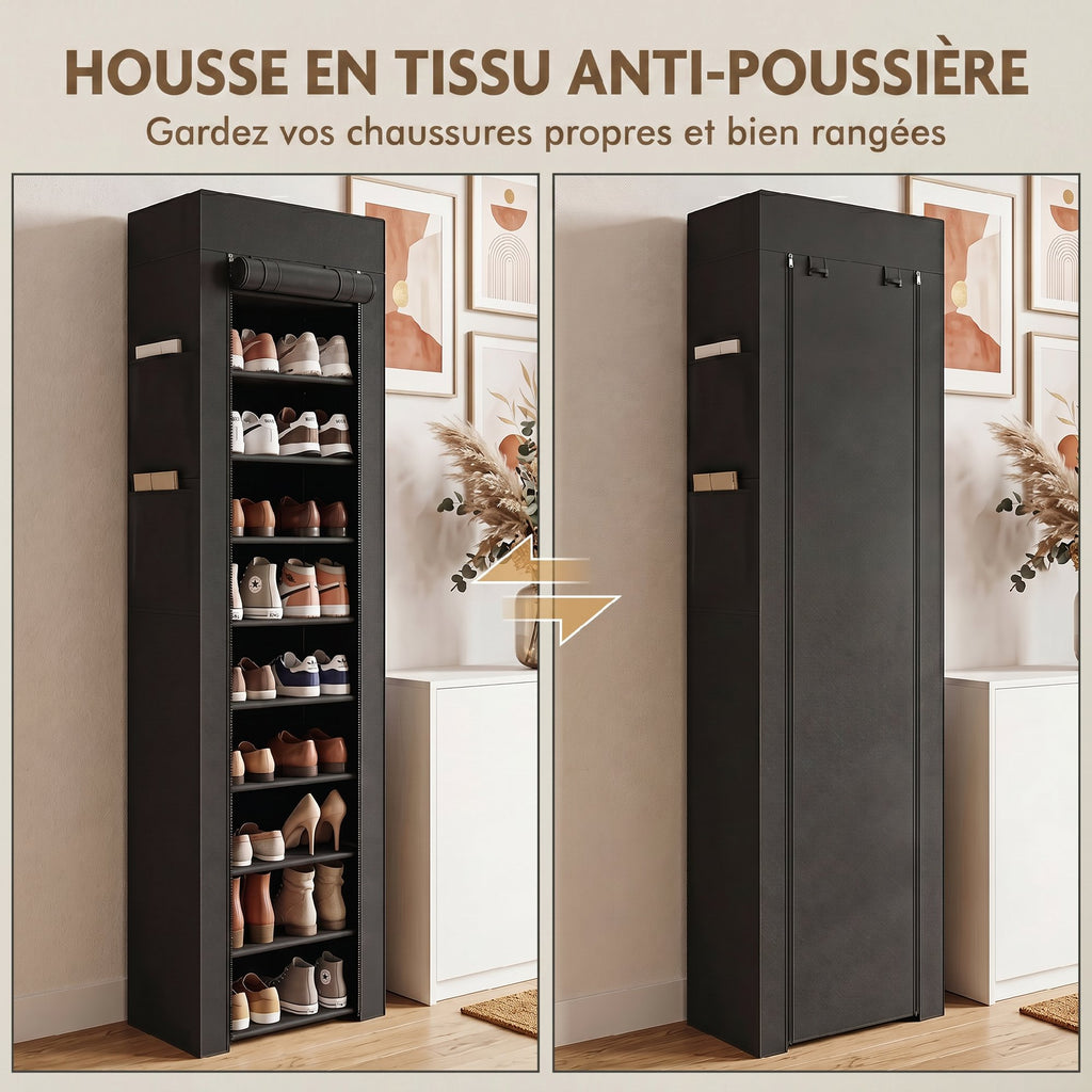 Étagère à Chaussures 20 Paires 10 Niveaux, Range-Chaussures en Métal avec Housse Anti-Poussière, Noir-5