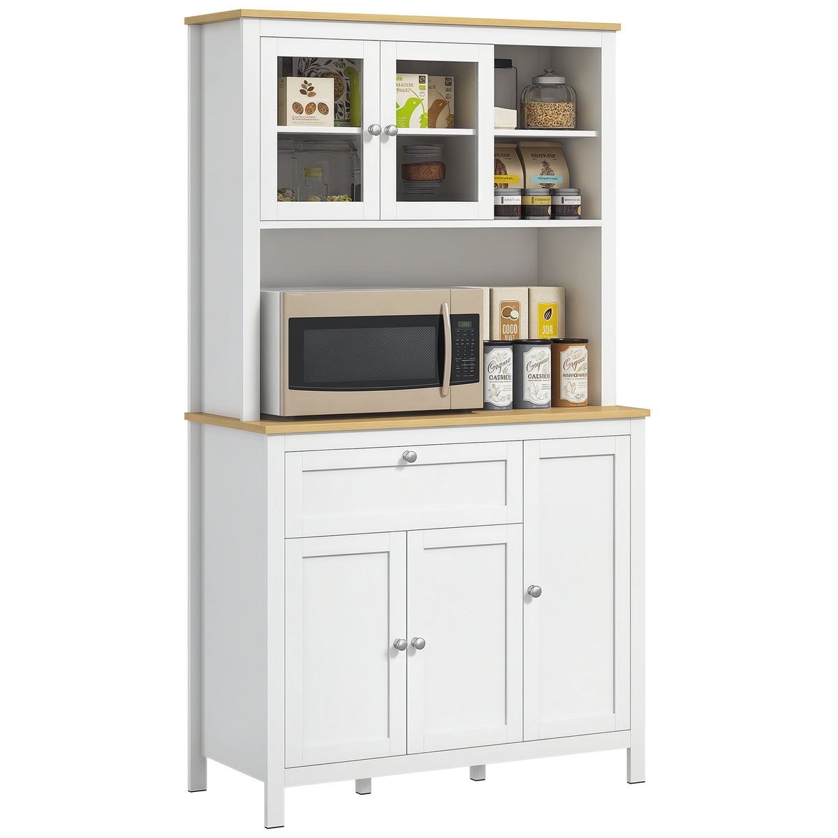 Buffet de cuisine haut 5 portes dont 2 portes vitrées et 1 tiroir, 1 niche centrale - hauteur 180 cm blanc-0