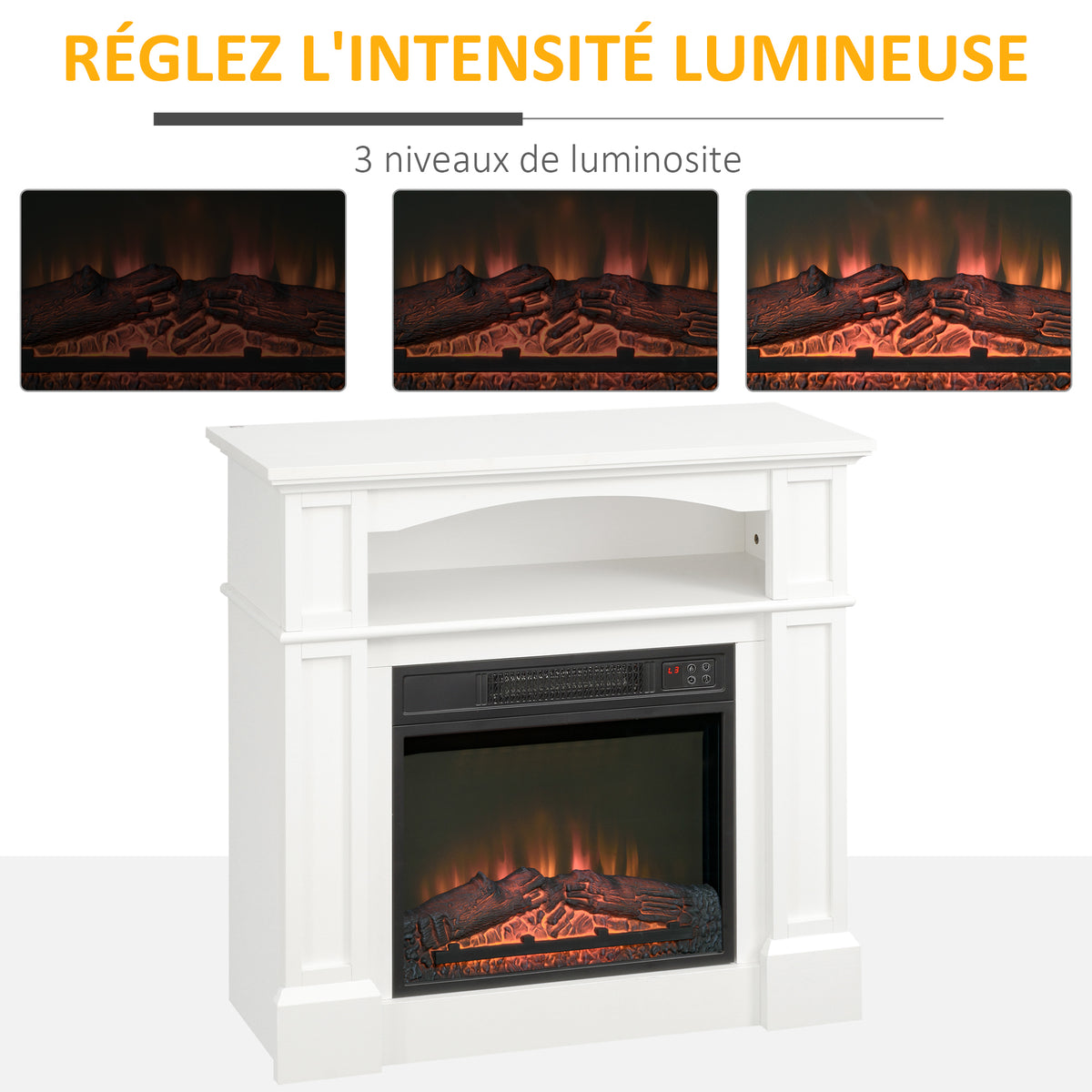 Cheminée électrique effet flammes LED luminosité réglable avec télécommande - 1800 W - 80,5 x 32,3 x 80,5 cm blanc-3