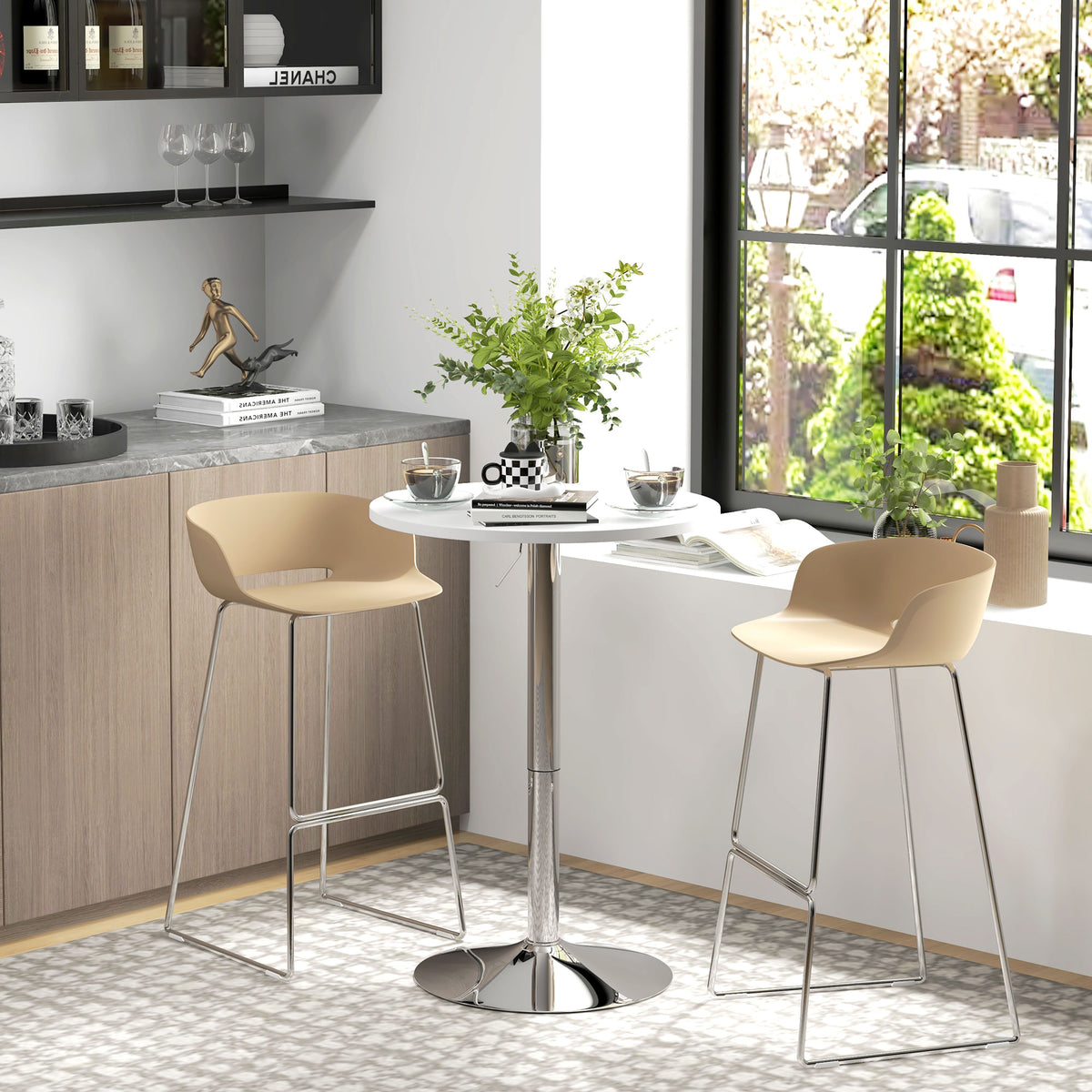 Table de bar ronde table haute cuisine réglable en hauteur 69-91 cm plateau pivotante à 360° blanc et argenté-1