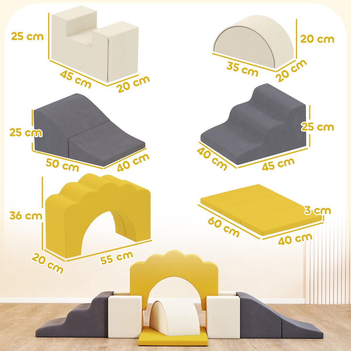 Parcours motricité bébé blocs mousse éducatifs modulables 7 pièces housse lavable en velours base antidérapante jaune-2