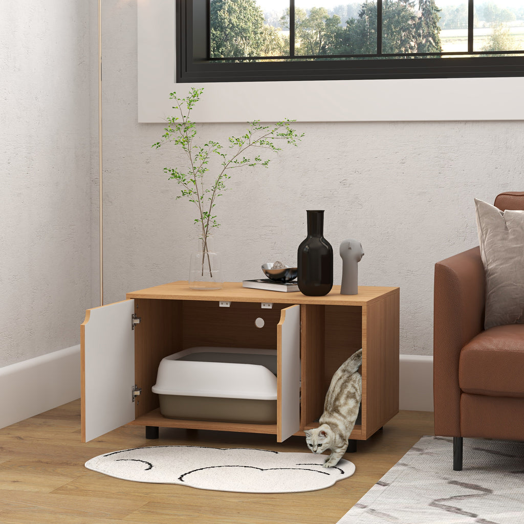 Meuble à litière maison de toilette sur pieds pour chat 2 en 1 portes style scandinave 80 x 48 x 48 cm naturel et blanc-1