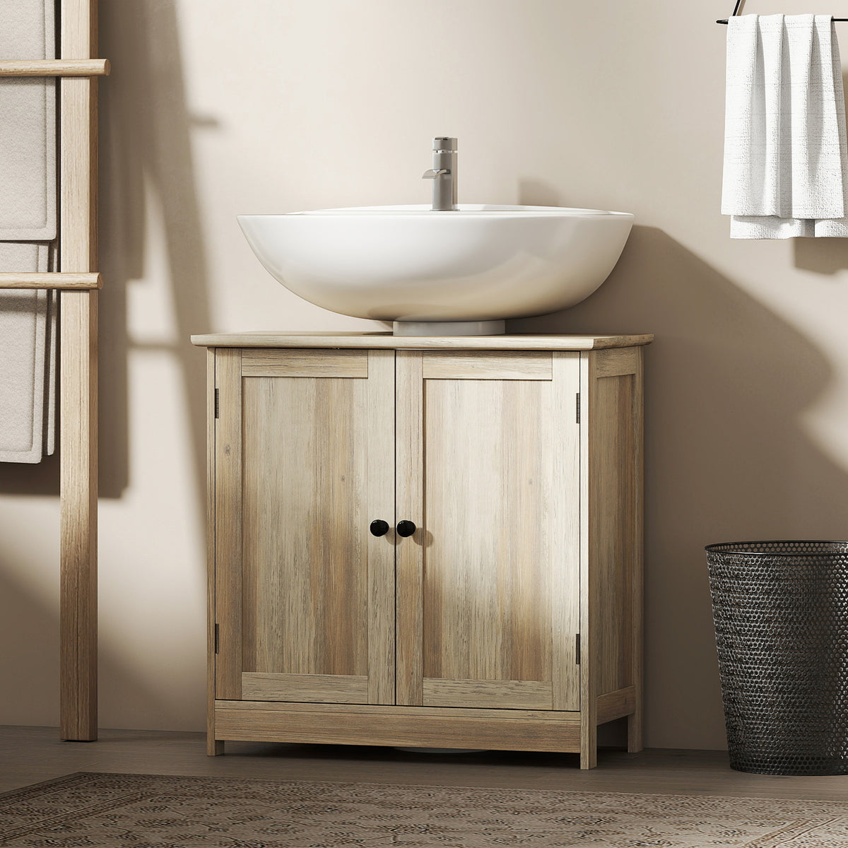 Meuble sous Lavabo, Meuble de Salle de Bain Placard à 2 Portes, Étagère Réglable, Anti-Humidité, 60 x 30 x 60 cm, Gris-1