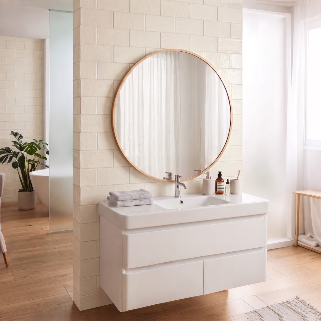 Miroir mural rond Ø 61 cm, cadre en alliage d'aluminium, pour salle de bain, chambre, salon, couloir, doré-7