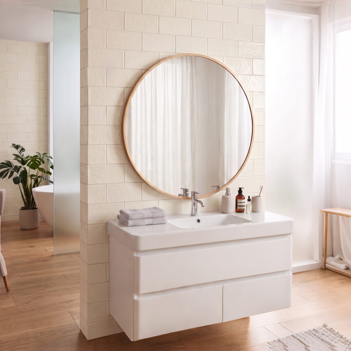 Miroir mural rond Ø 61 cm, cadre en alliage d'aluminium, pour salle de bain, chambre, salon, couloir, doré-7
