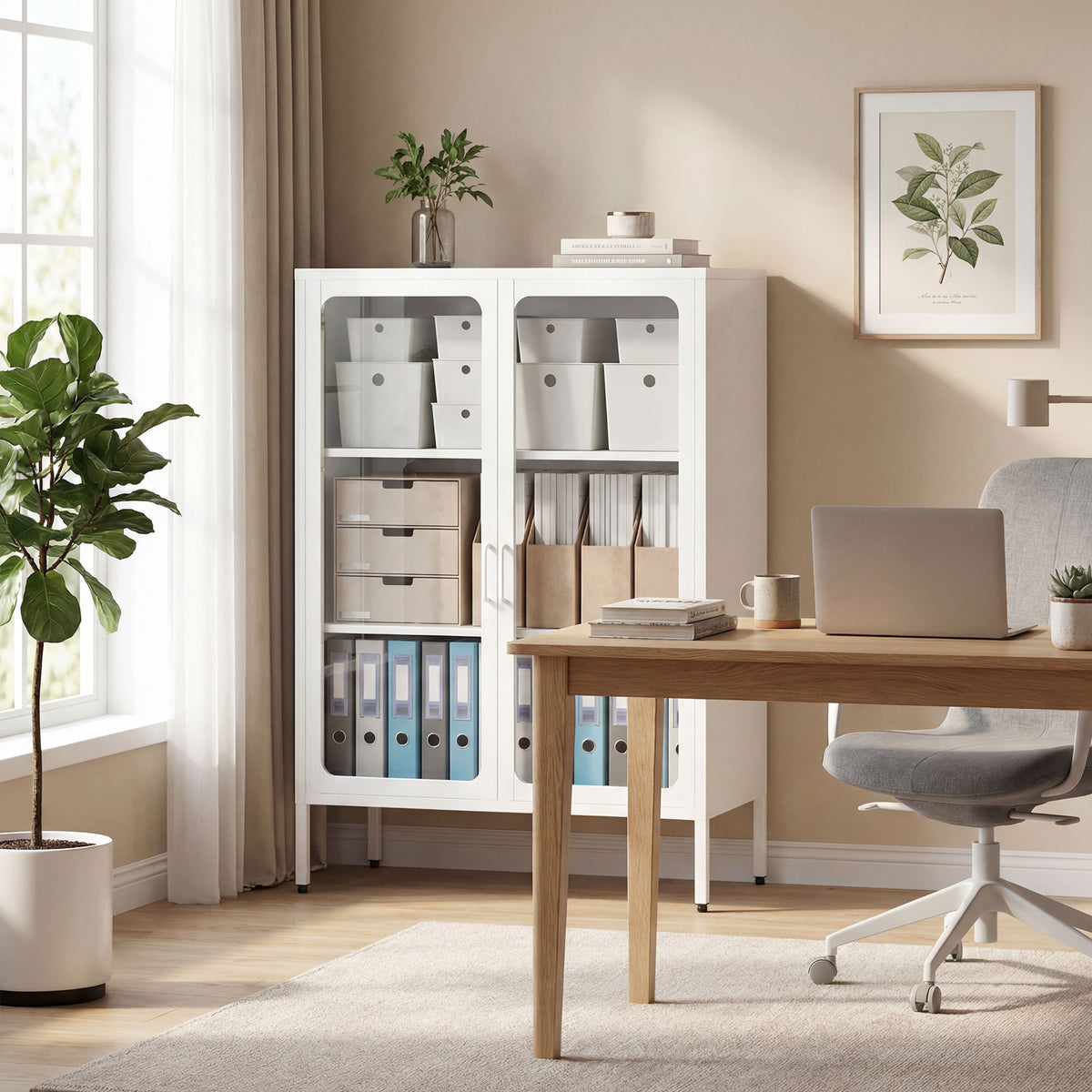 Armoire de bureau avec 2 portes en verre, 2 étagères réglables, meuble de rangement bureau en acier, 80x40x110cm, blanc-1