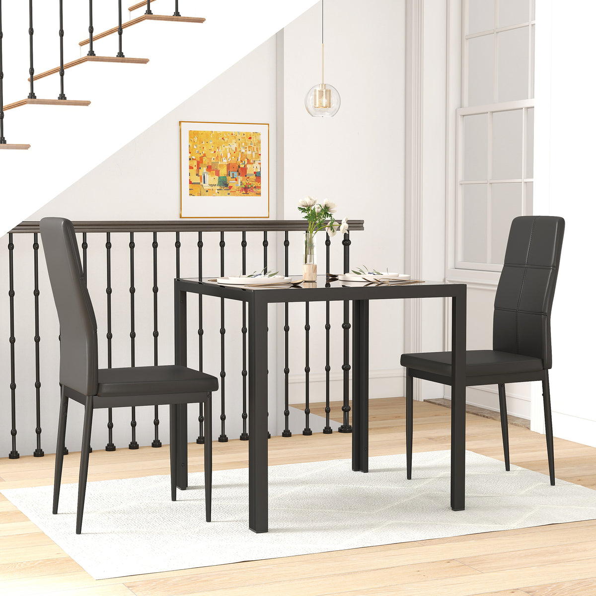 Ensemble table à manger et chaises pour 2 personnes, plateau rectangulaire en verre, pour cuisine salon maison, noir-1