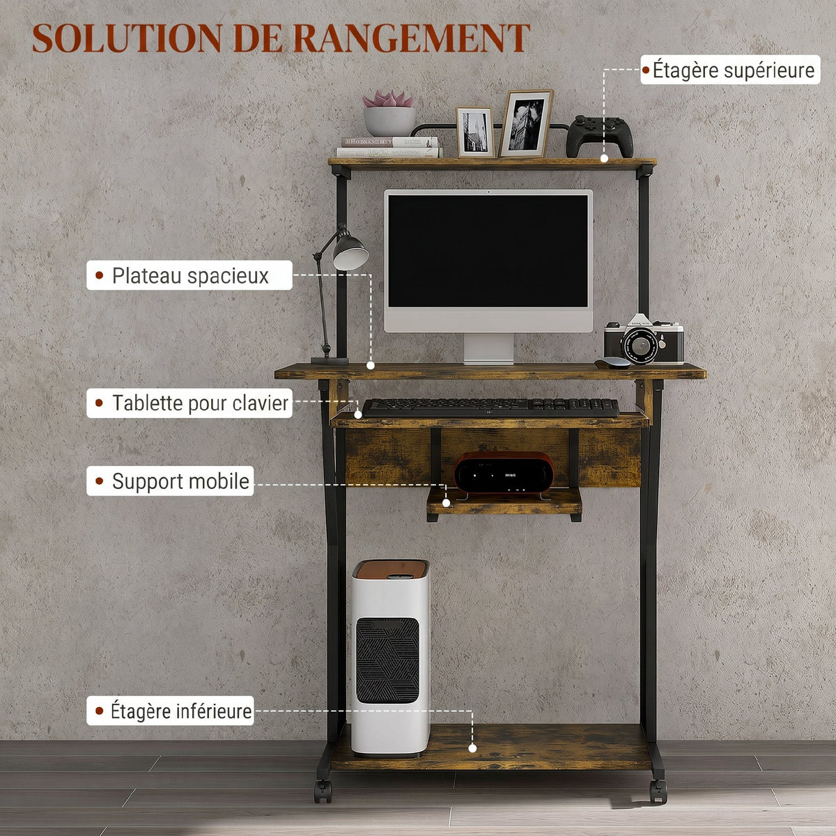 Bureau d'ordinateur roulant avec étagères de rangement, poste de travail et plateau pour clavier, 80x50x130cm, marron-3