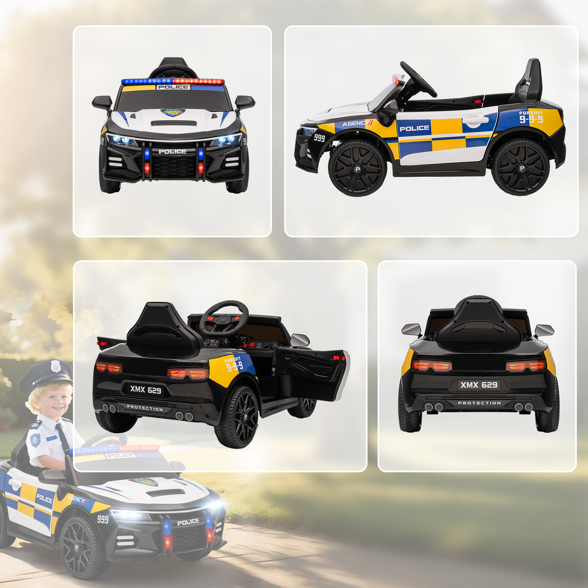 Voiture électrique de police enfant 12V, double moteur, télécommande, USB, MP3, musique & klaxon, multicolore-7