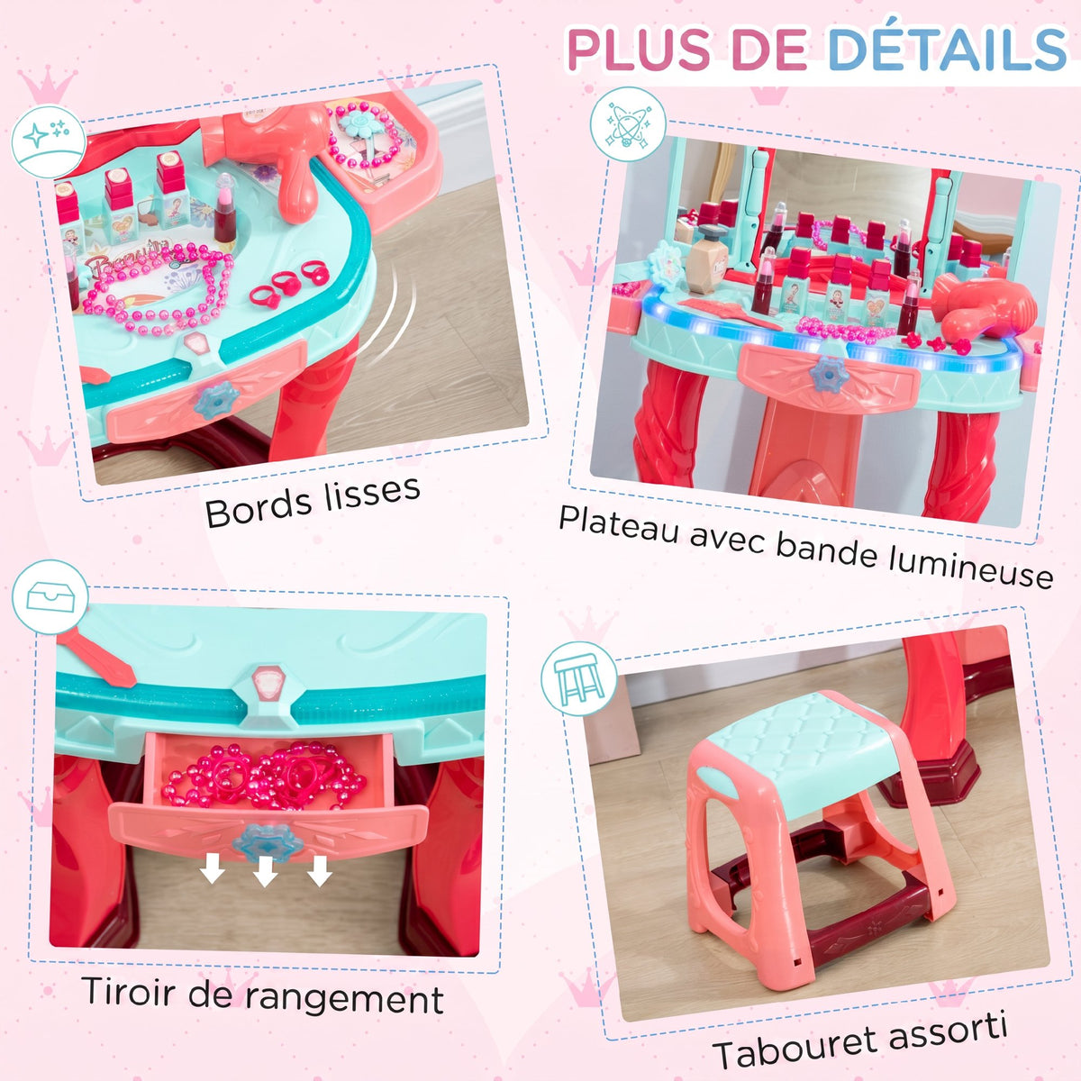 Coiffeuse Enfant Fille avec Tabouret, Miroir, Lumière, Musique, Accessoires, 3-6 Ans, 57x34x76cm, Multicolore-4