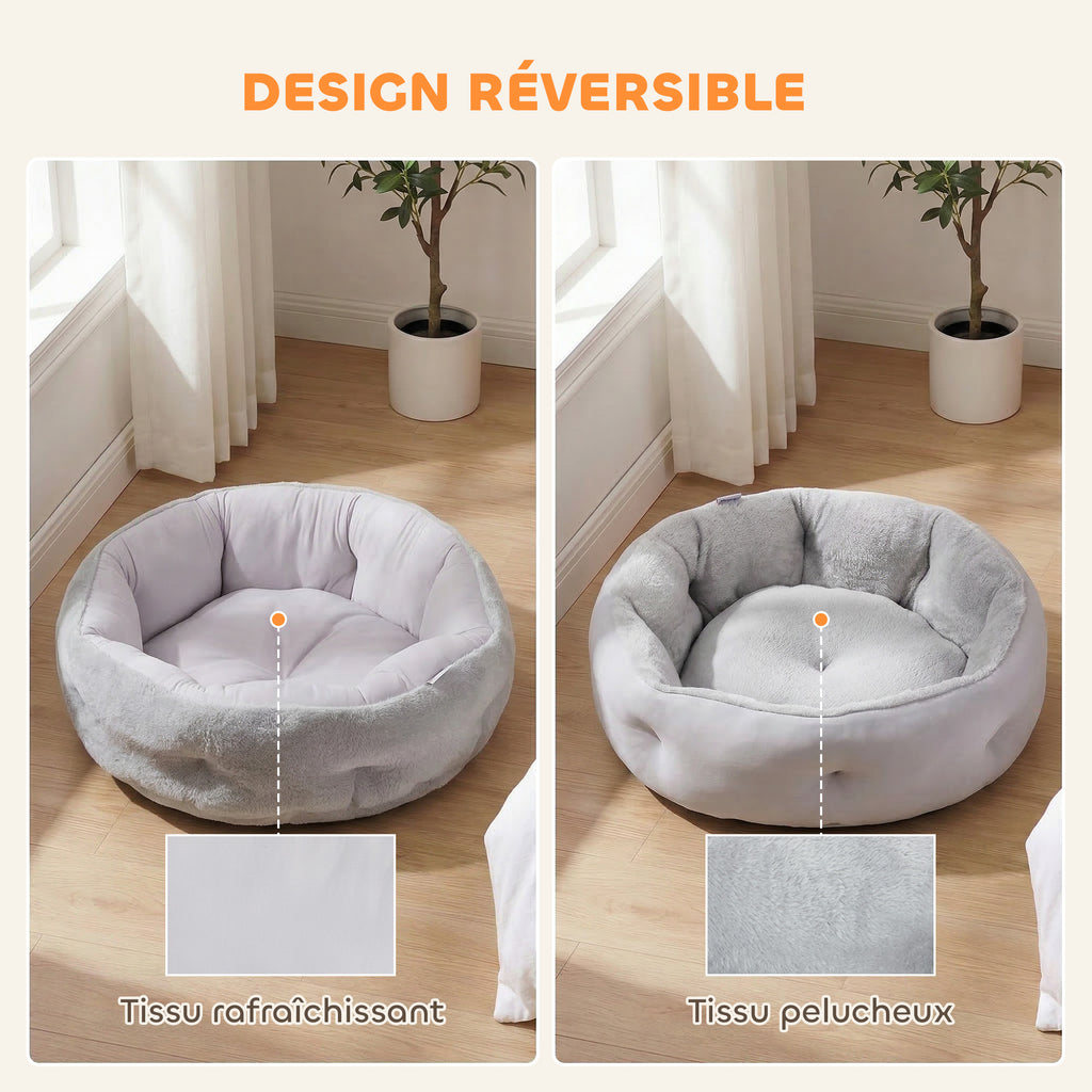 Lit pour chat réversible, lit pour chats d'intérieur et petits chiens, lit rond avec rebord de soutien, gris clair-3