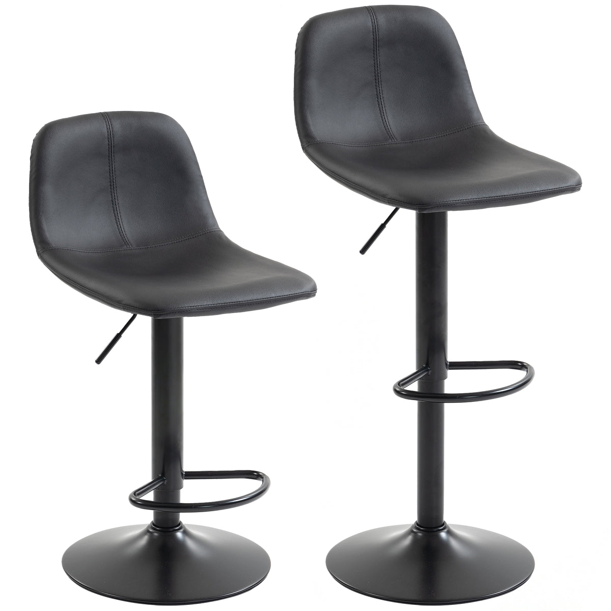 Lot de 2 tabourets de bar, chaises de bar hauteur réglable, dossier et repose-pieds, pivotant 360°, pieds en acier, noir-0