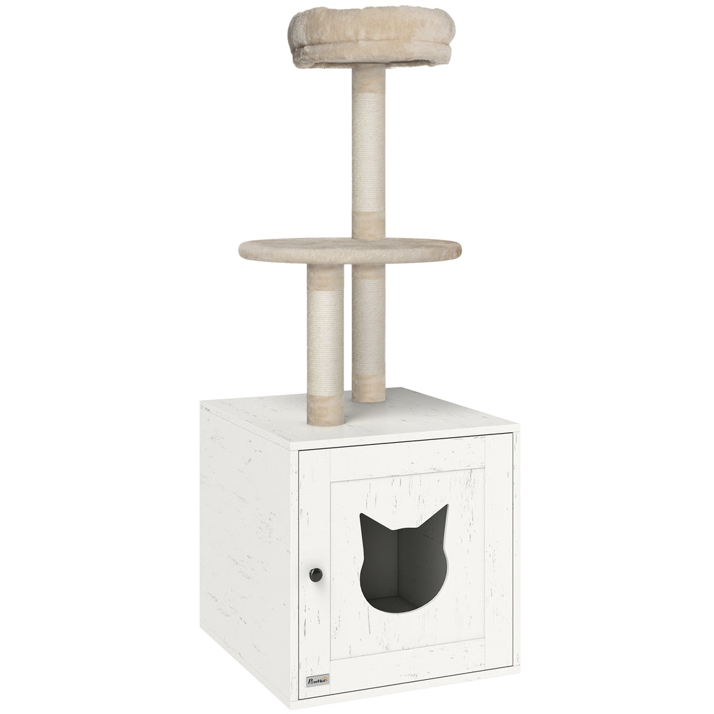 Arbre à chat avec maison de toilettes, tour de jeu 2-en-1 de 129 cm avec cache-litière, poteaux à griffer, crème-0