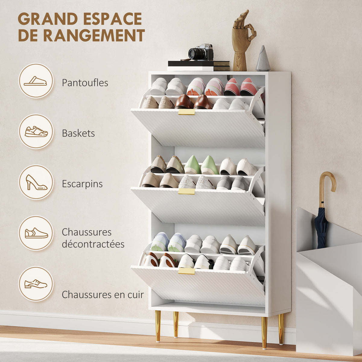 Meuble à chaussures 18 paires avec 3 tiroirs rabattables, portes cannelées et étagères réglables, 60x24x122,5cm, blanc-4