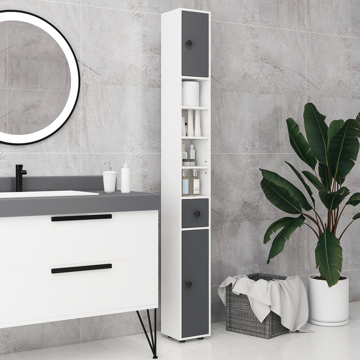 Colonne de rangement armoire haute pour salle de bain 1 tiroir 4 étagères réglables et 2 placards 20 x 20 x 180 cm gris-7