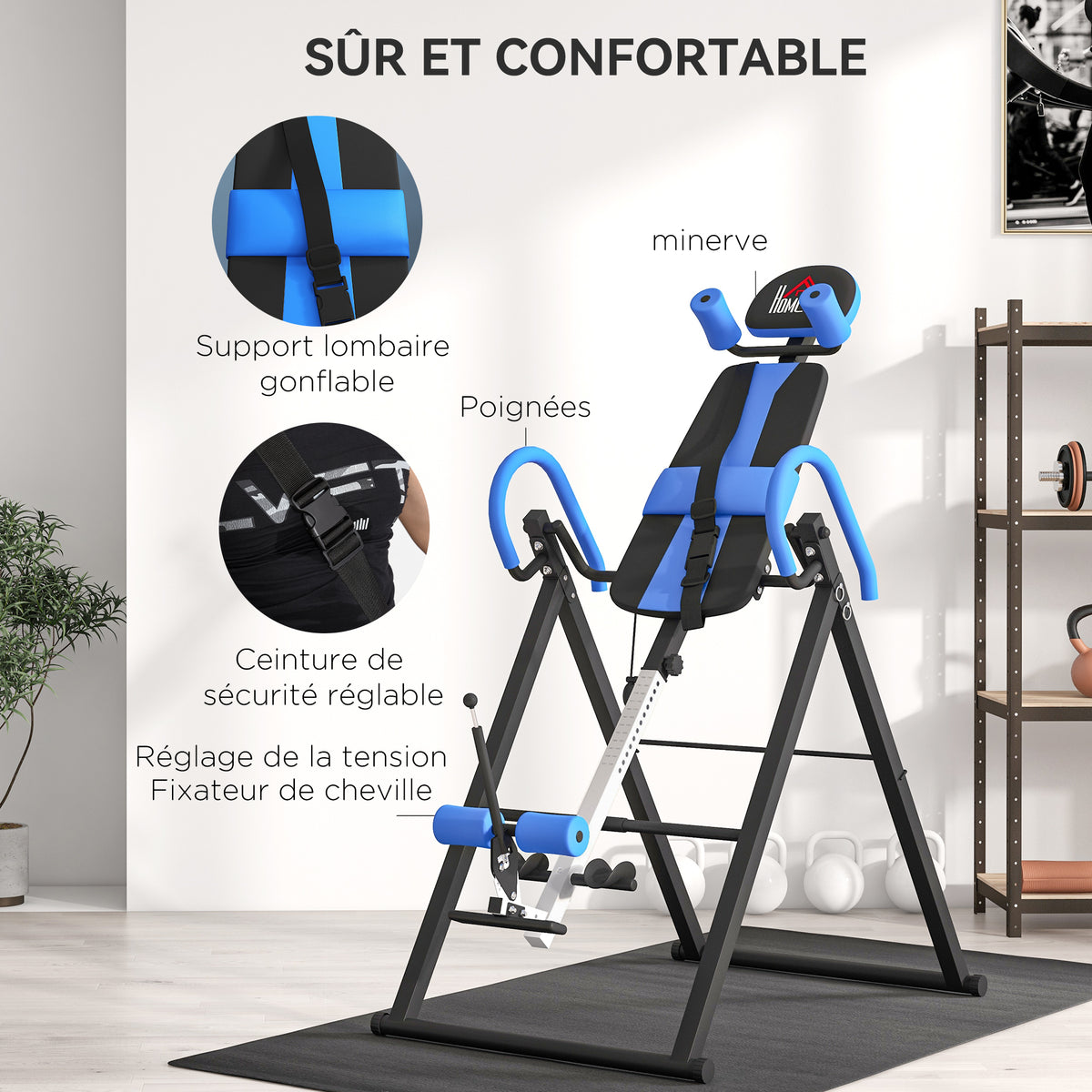 Table d'inversion de musculation pliable ceinture de sécurité réglable angle ajustable 3 niveaux 79x114x153cm bleu noir-3