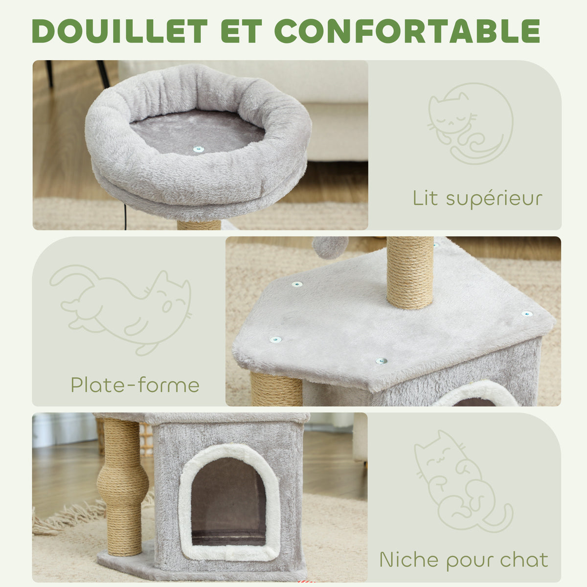 Arbre à chat tour de jeux pour chats, avec poteaux à griffer lit pour chat maison pour chat 42 x 30 x 66 cm gris clair-4