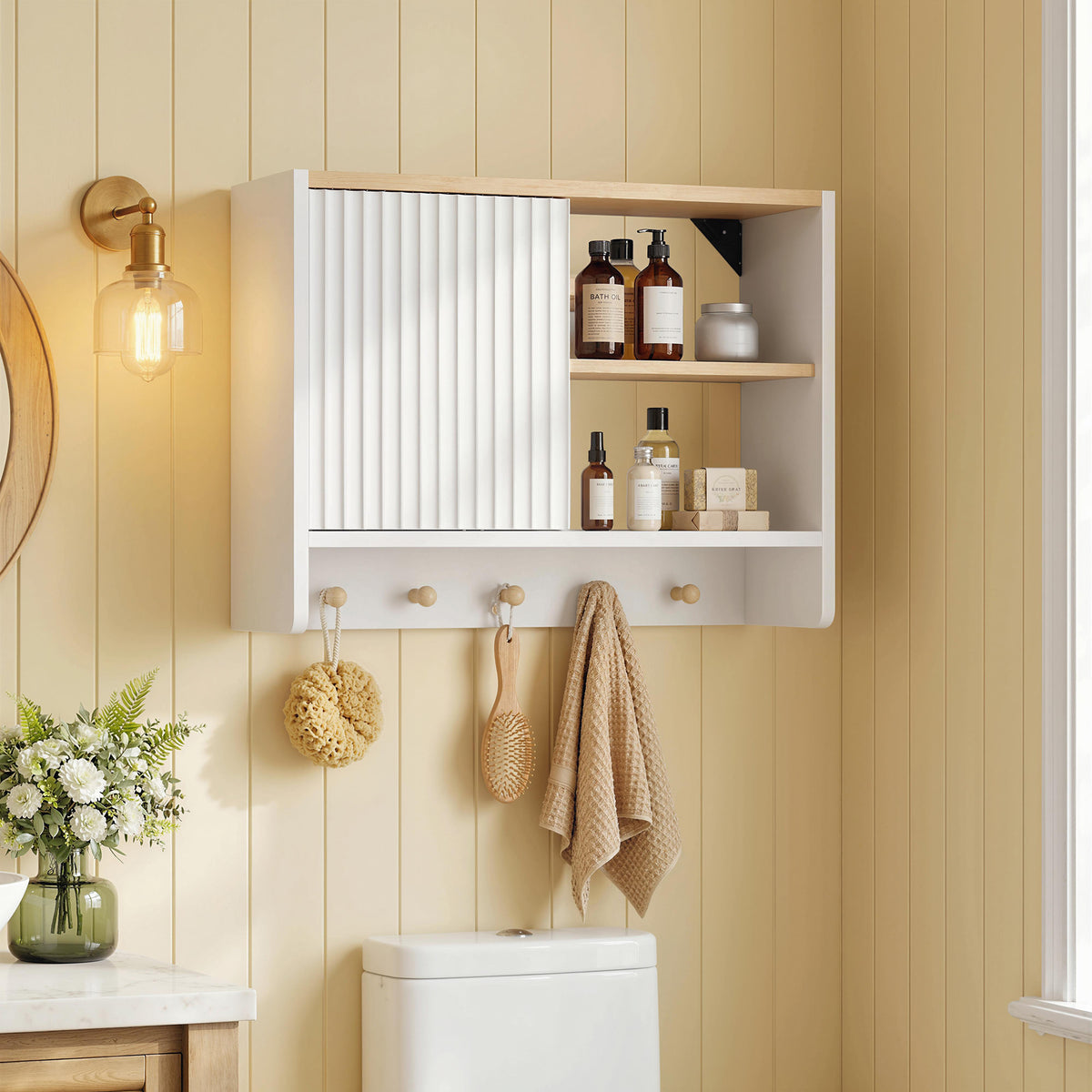 Armoire murale de salle de bain, meuble de rangement de salle de bains avec porte, étagères ouvertes et 5 crochets-1