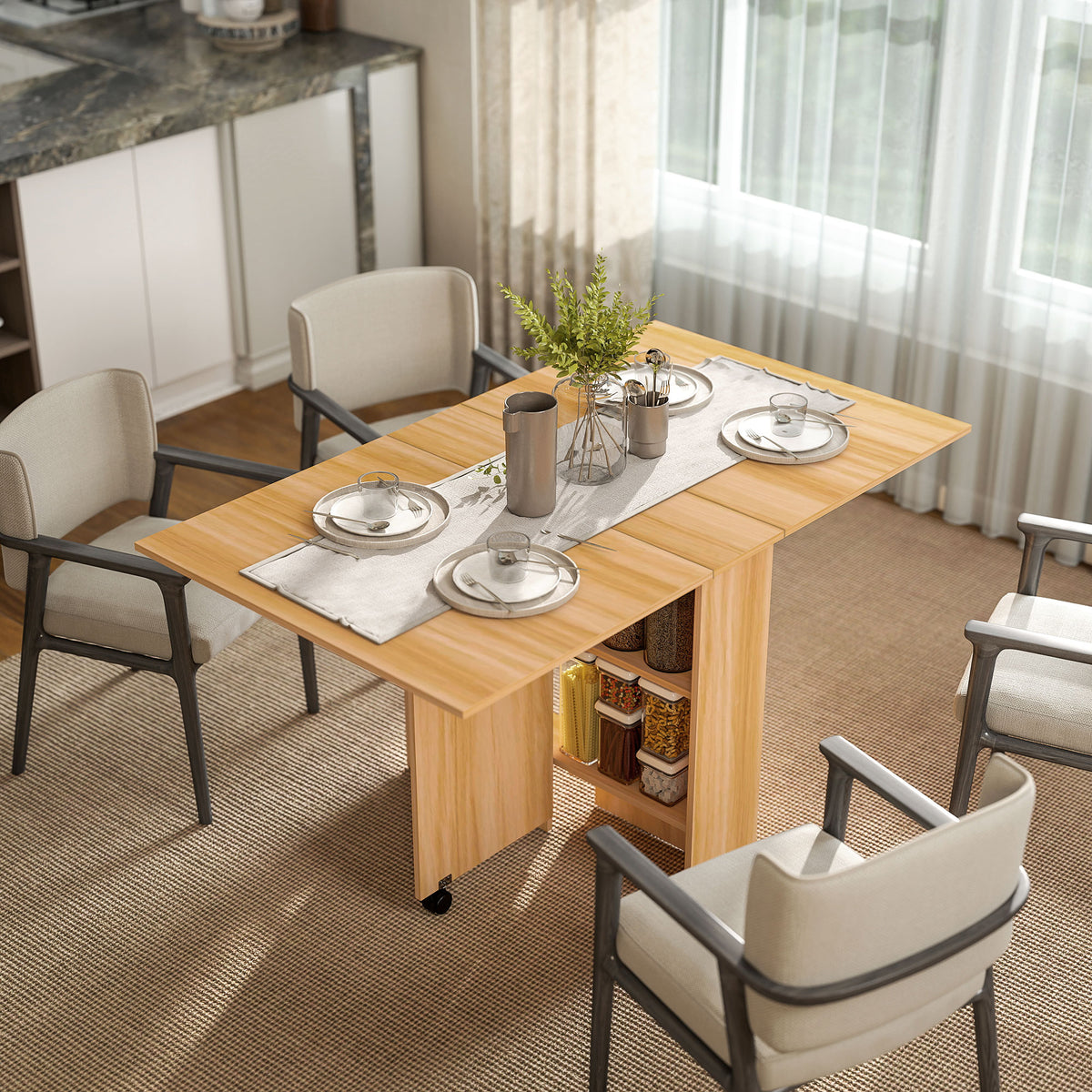 Table pliante de cuisine salle à manger amovible sur roulettes 80L x 140l x 74H cm 2 étagères intégrées en bois coloris bois naturel-1