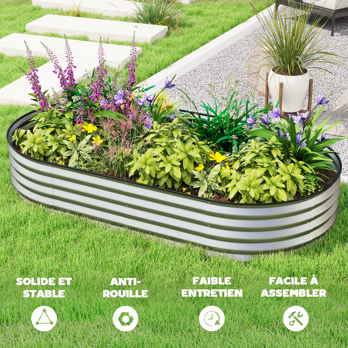 Jardinière surélevée galvanisée en acier lit de jardin bordure caoutchouc 181 x 93 x 30 cm argent-6