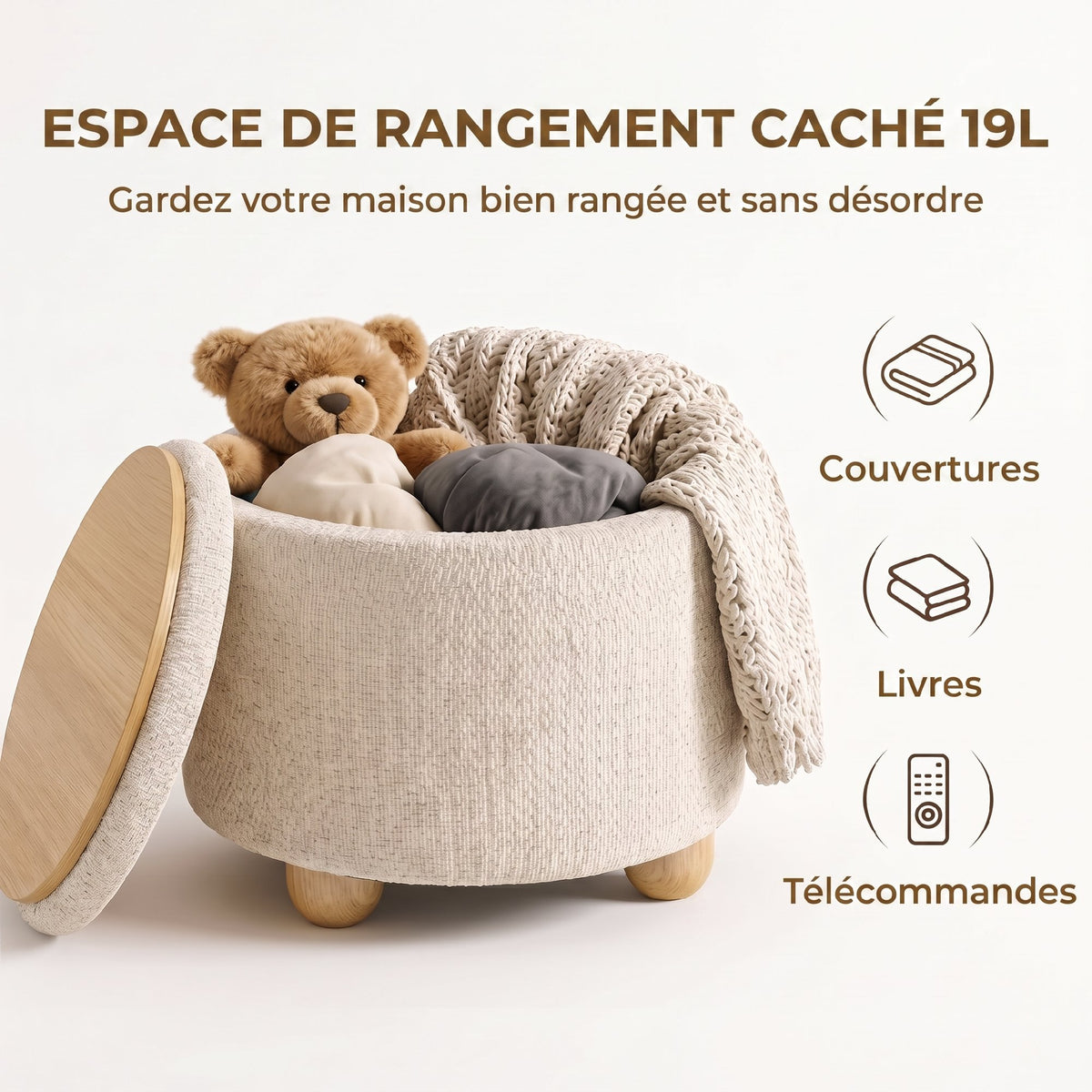 Pouf Coffre de Rangement Rond en Toile de Jute, Repose-pieds avec Couvercle, Pieds Bois Hévéa, Beige-4