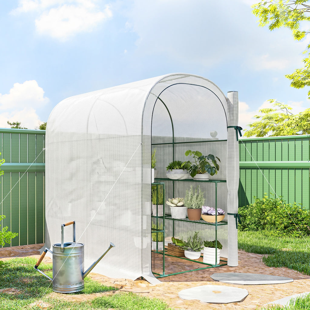 Serre de jardin avec étagères, 123x187x189cm, petite serre avec porte enroulable, bâche PE haute densité 140 g/m², blanc-9