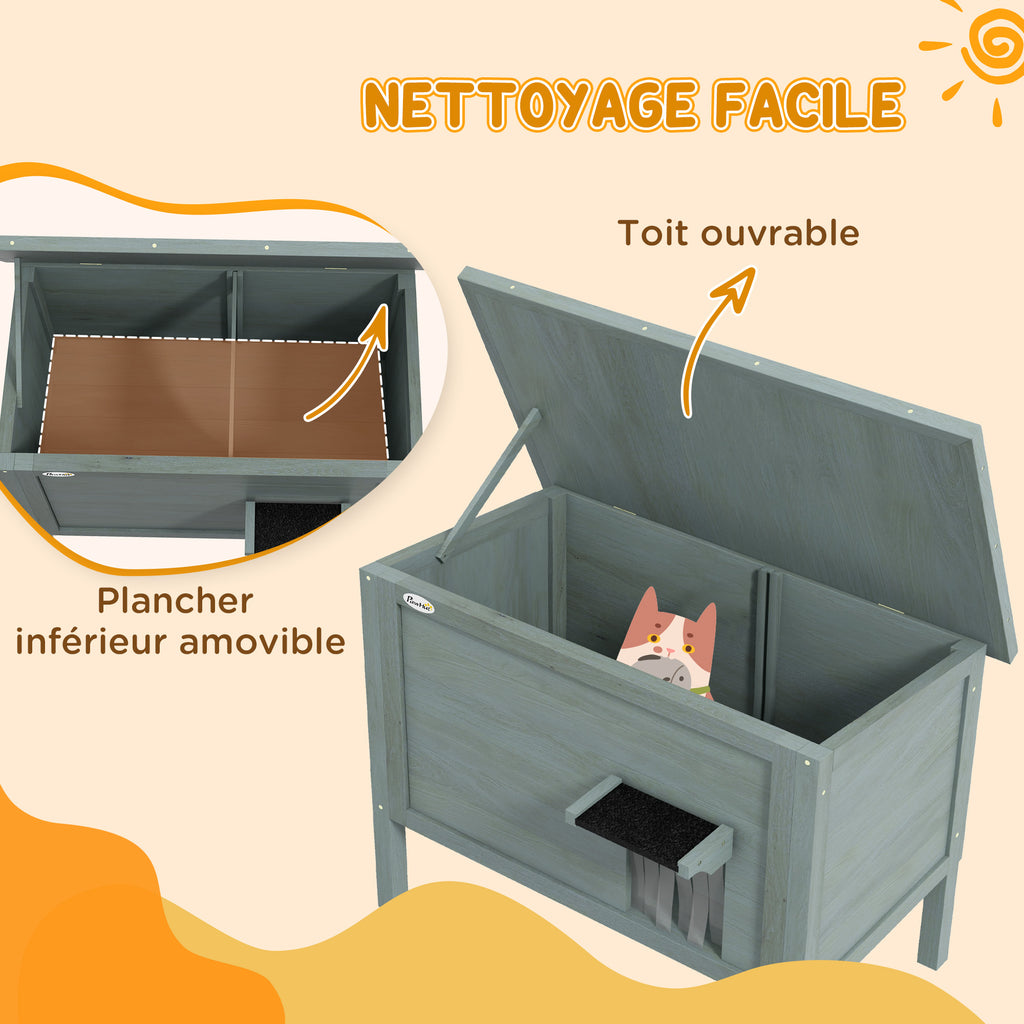 Maison pour chats niche d'extérieur en bois surélevée avec toit ouvrable isolée  85 x 50 x 68,5 cm gris foncé et noir-4