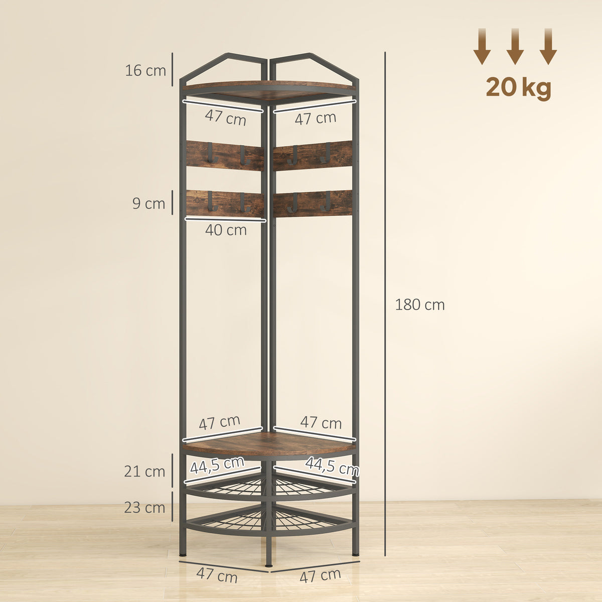 Meuble d'entrée d'angle, vestiaire à 4 niveaux, rangement pour chaussures, 8 patères mobiles, 2 étagères, brun rustique-2