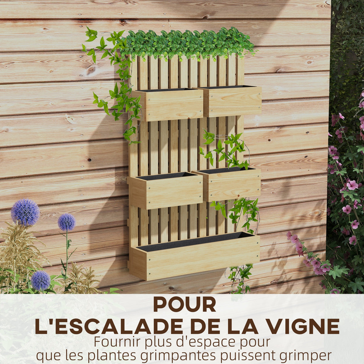 Jardinière murale potager avec 5 bacs treillis en bois massif amovibles 60 x 16 x 100 cm-3