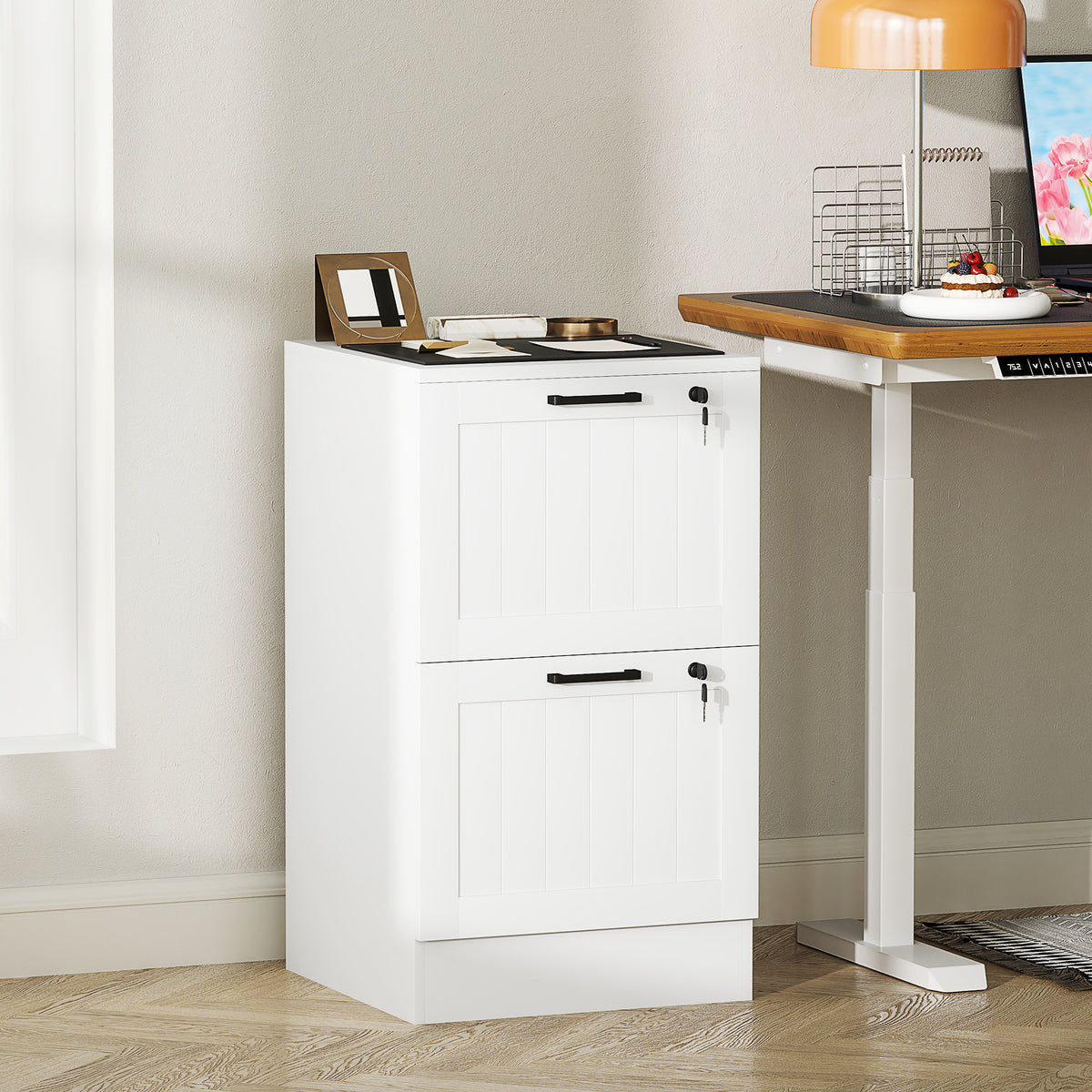 Caisson bureau, meuble rangement bois 2 tiroirs et serrure, barres de suspension réglables, 40 x 40 x 71 cm, blanc-1