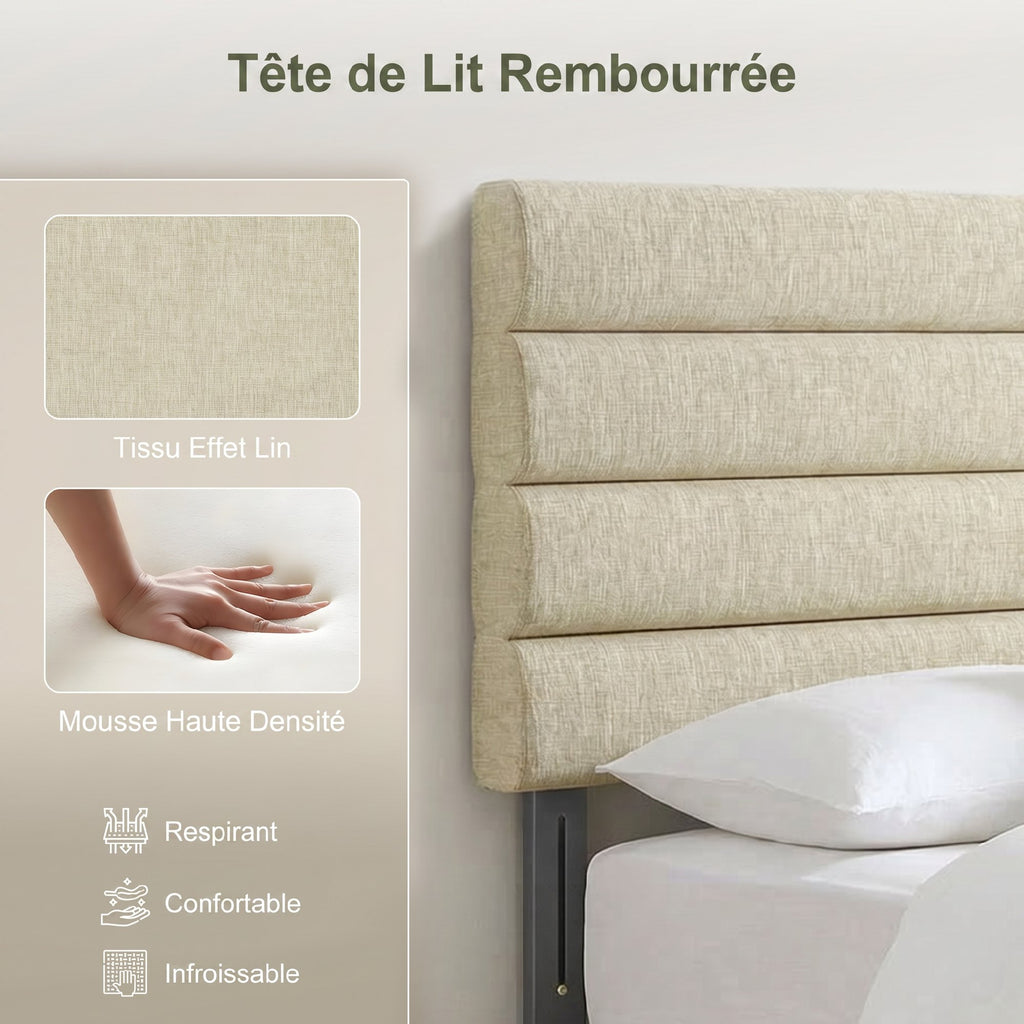 Tête de Lit Capitonnée, Hauteur Ajustable en 3 Niveaux avec Pieds en Métal pour Chambre, 140 x 10 x 106/116/126 cm Beige-5