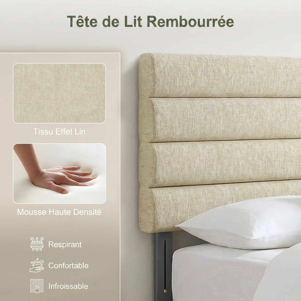Tête de Lit Capitonnée, Hauteur Ajustable en 3 Niveaux avec Pieds en Métal pour Chambre, 140 x 10 x 106/116/126 cm Beige-5