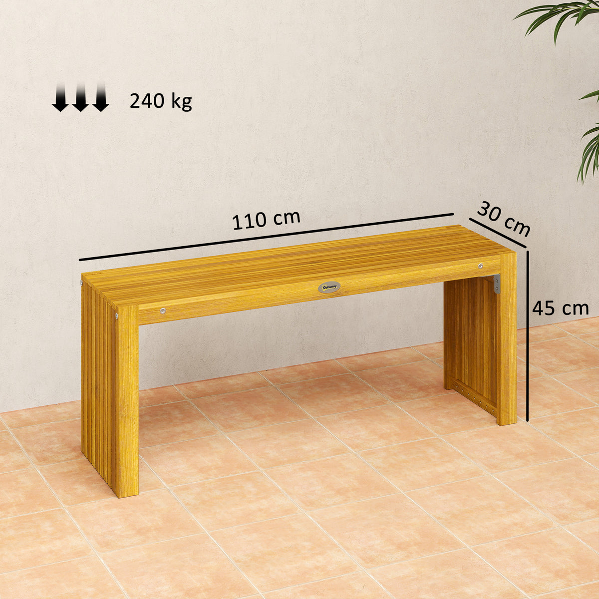 Banc de Jardin en Bois d'Acacia sans Dossier 2 Places, Assise à Lattes Effet Bois, 110x30x45cm, Bois naturel-2
