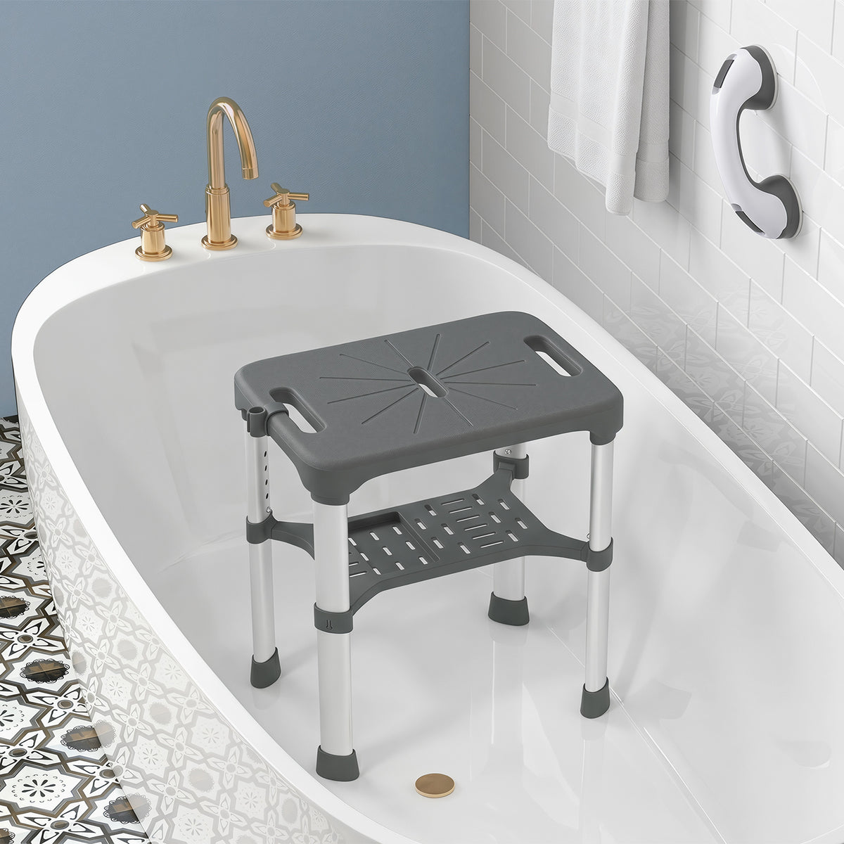 Tabouret de Douche Hauteur Ajustable avec Étagère Intégrée et Barre d'Appui à Ventouse pour Seniors et Handicapés, Gris-8