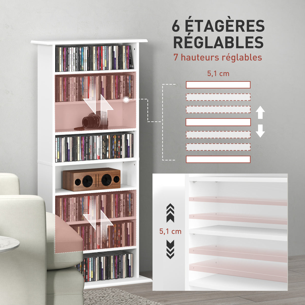 Rangements pour CD et DVD avec 8 compartiments et 6 étagères réglables, capacité max. 360 CD/185 DVD et Blu-ray, blanc-4