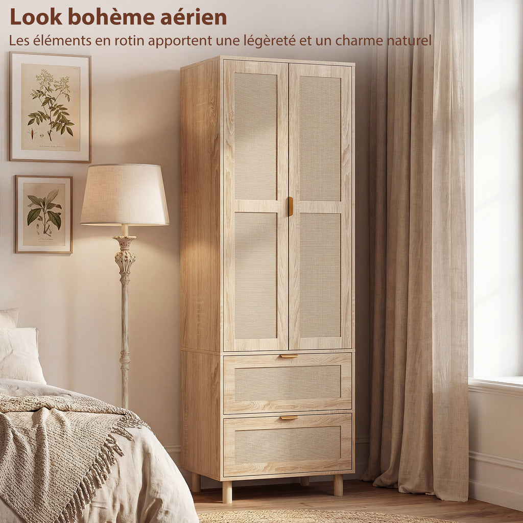 Armoire chambre penderie avec 2 portes en rotin, 2 tiroirs et barre de suspension, 63 x 47 x 185 cm, bois naturel-5
