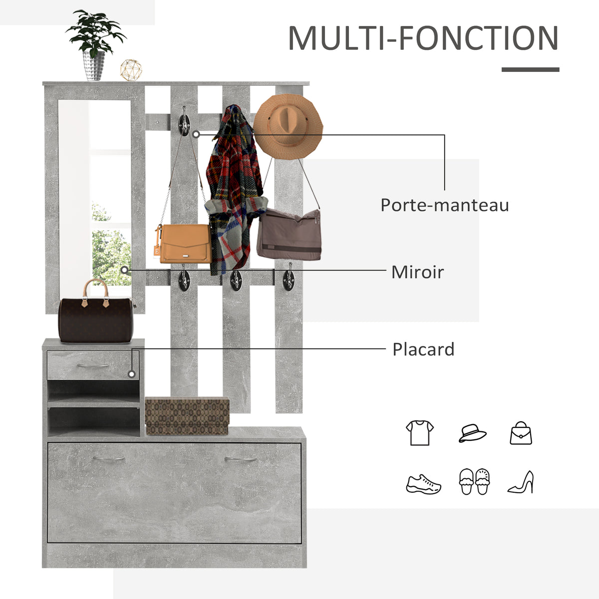 Ensembles 3 en 1 de meuble d'entrée vestiaire avec panneau porte-manteau, miroir et banc à chaussures - 6 crochets et étagère réglable, effet béton gris-3