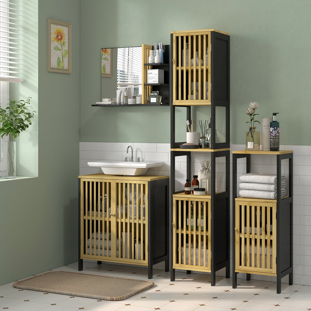 Meuble sous vasque 2 portes avec étagère réglable armoire de rangement pour lavabo 60 x 30 x 70 cm MDF et bambou-1